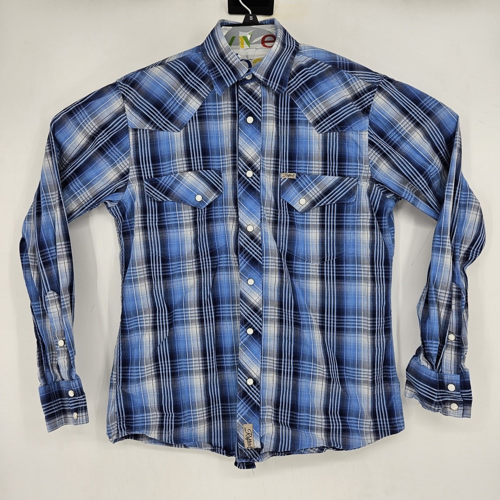 Rafter C Pearl Snap Shirt Mens Small Western Cowboy Blue Plaid Long Sleeve
